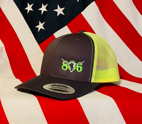 806 Charcoal Snapback Neon Green mesh (Neon Green 806 White Skull )