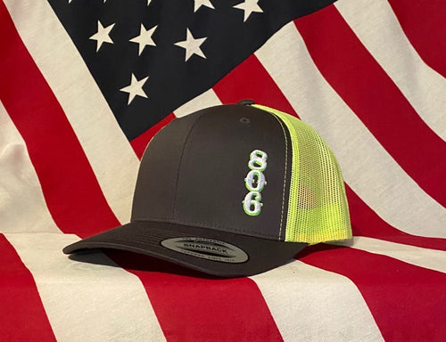 Charcoal Snapback Lime Green Mesh Stacked (Vertical Logo) White and Lime Green 806