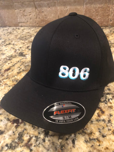 Black 806 Flex fit Hat (Retro logo (no steer white and aqua 806)