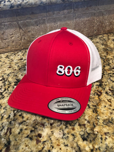 806 Red Snapback Hat White Mesh Back Retro Logo (no steer White 806 with Black Outline)