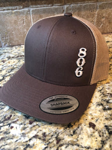 Brown and Khaki 806 Snapback STACKED (Vertical Logo) White 806 Black outline