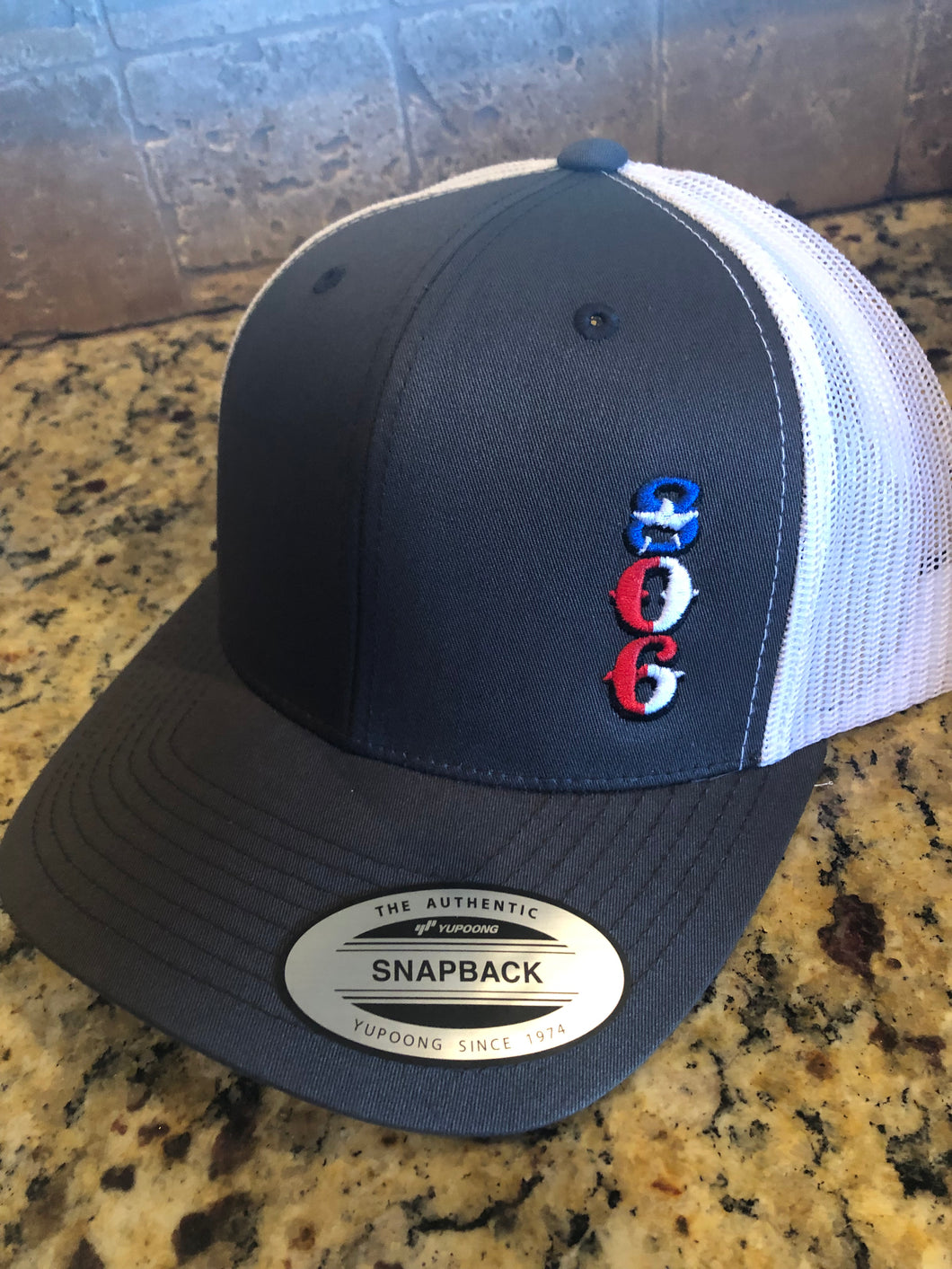 Charcoal Snapback White Mesh Stacked (Vertical Logo) Texas Flag