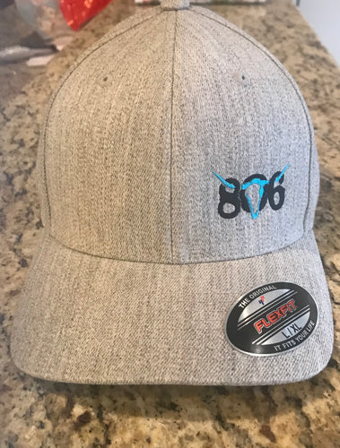 806 Flex Fit Cap (Heather Grey hat with black 806 and aqua skull)