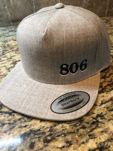 806 Snapback Flat Bill Hat (Heather Grey Retro Logo Black 806 and White Outline)