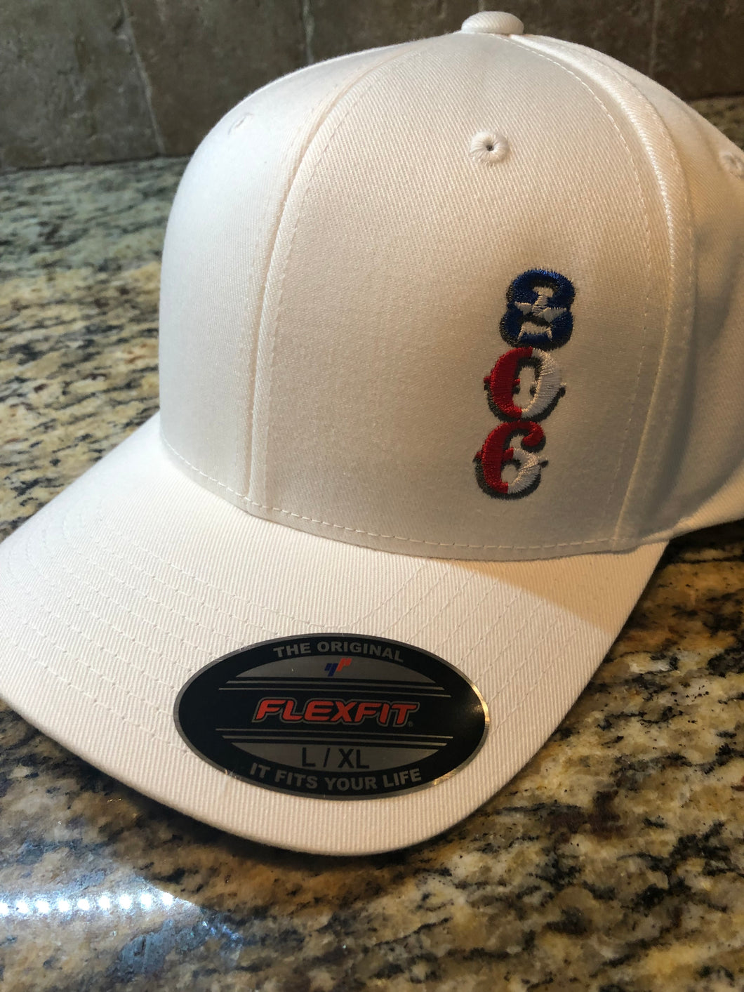 806 Flex Fit Hat White Hat with Stacked (Vertical Logo) Texas Flag Logo