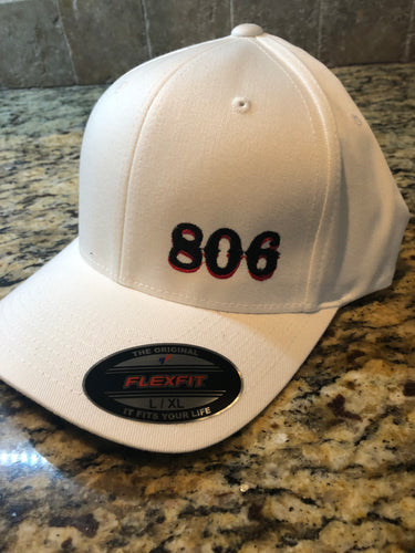 806 Flex Fit Hat (White Hat with Retro Logo Black 806 and Red Outline)