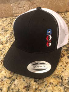 Black w/white mesh 806 Snapback Stacked (Vertical Logo)  Texas Flag Logo