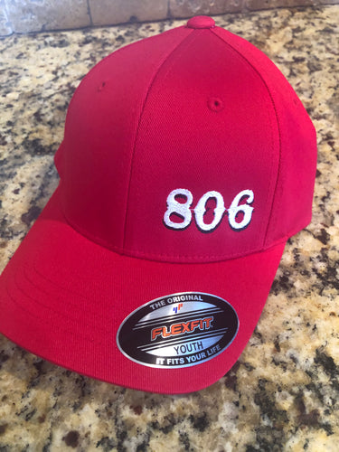 806 Red Flex Fit YOUTH hat Retro Logo White 806 Black Outline