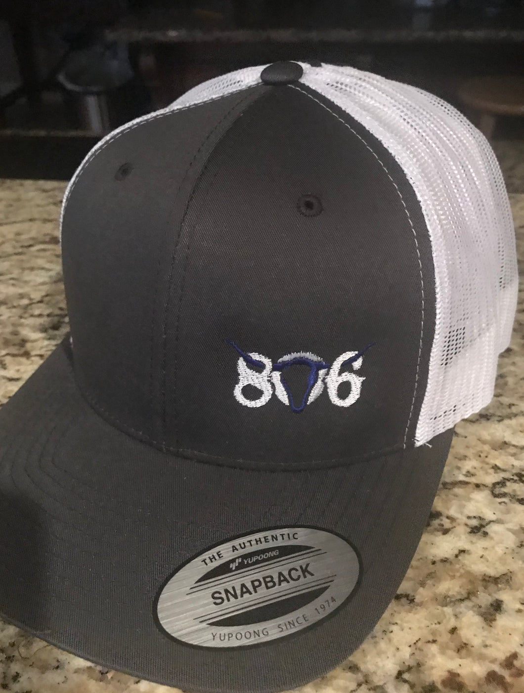 Charcoal Snapback Hat White Mesh Back (White 806 Electric Blue Skull)