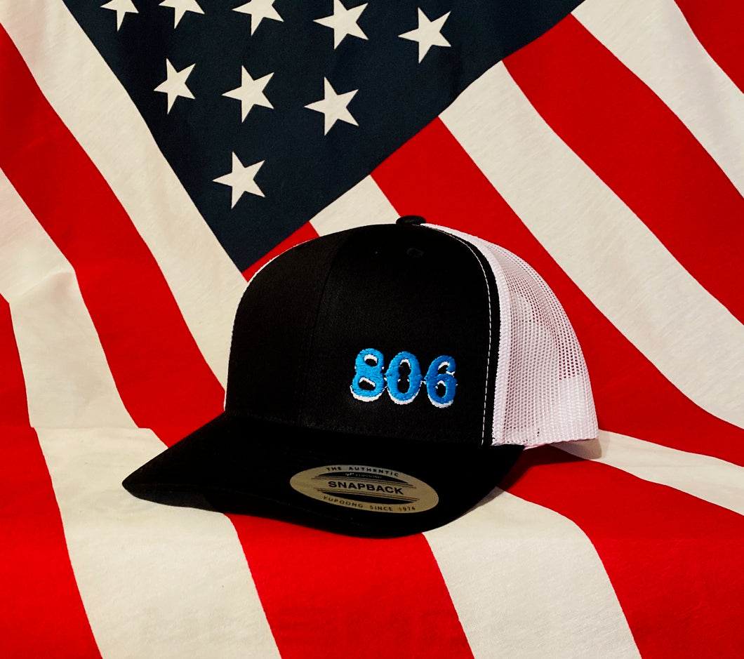 Black 806 Snapback (Retro Logo (no steer) Aqua 806 White Outline