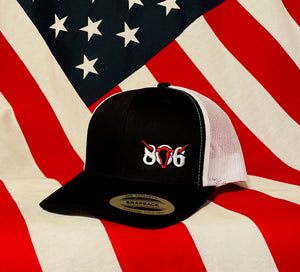 806 Black Snapback Hat White Mesh Back (White 806 with Red Skull)